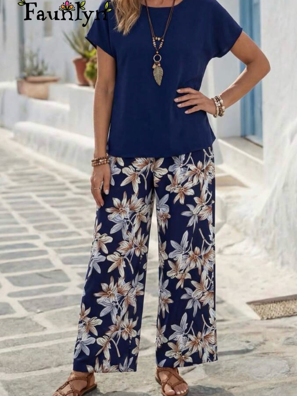 Floral Navy Wide-Leg Pants for Women